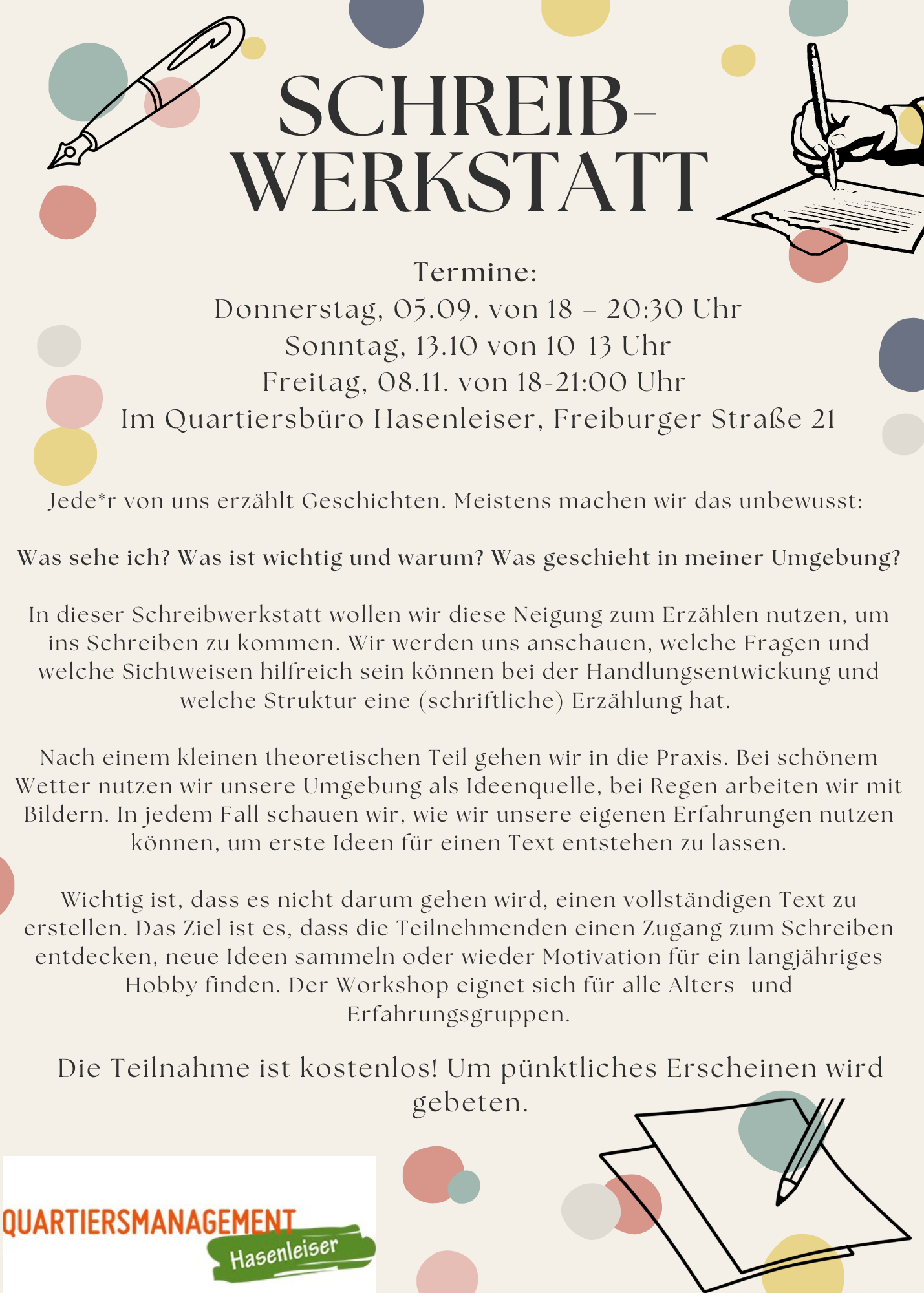 Schreibwerkstatt für alle – Quartiersmanagement Hasenleiser